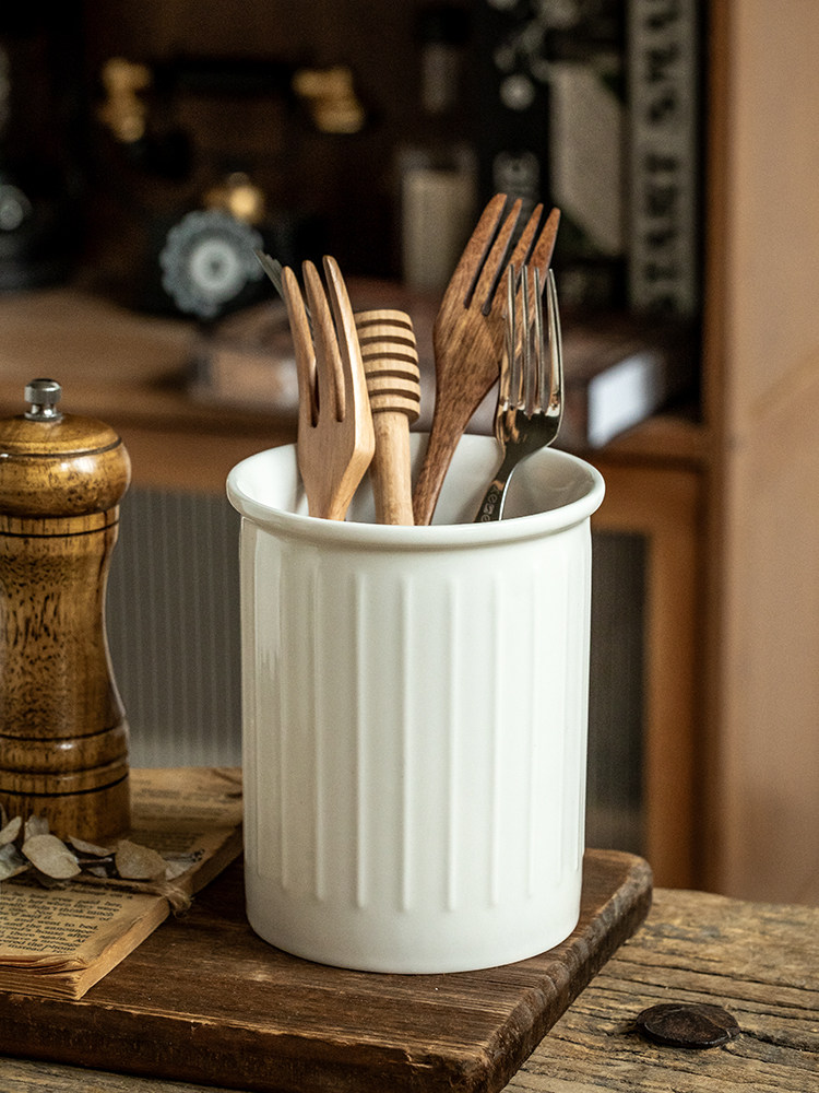 Commercial Kitchen Knife Holder - Minimalistische geëmbosseerde witte keramische bestekhouder, opbergpot